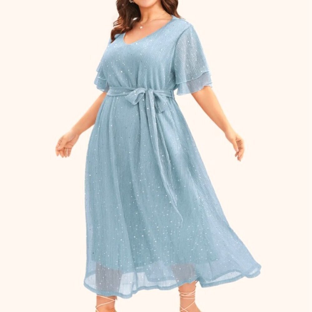 BloomChic Plus Size 2XL Plain V Neck Mesh Pocket Ruffle Tiered Belted Midi Dress